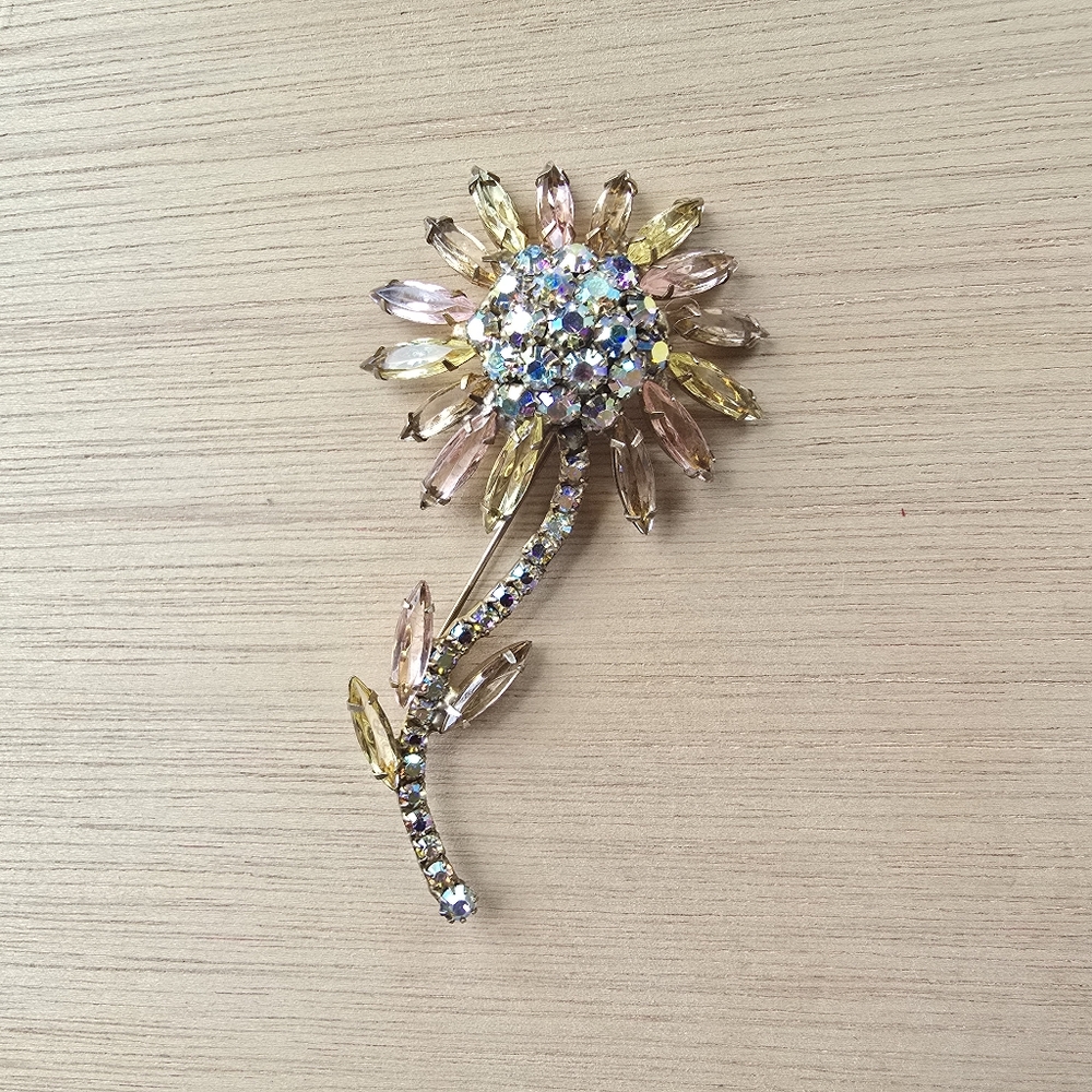 LARGE RHINESTONE Flower Pin Aurora Borealis
